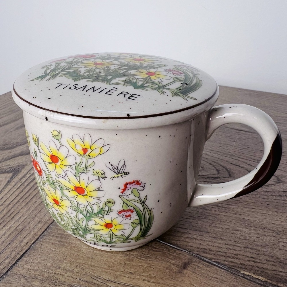Vintage Tisaniere Floral Ceramic Lidded Tea Mug Bee Butterfly Cottagecore 10 Oz
